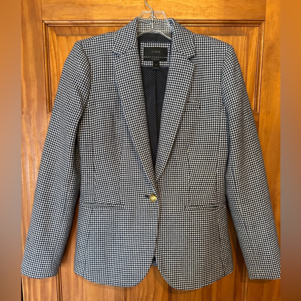J. Crew Campbell Women’s 0 Blazer Jacket Navy Blue Houndstooth Wool Blend
